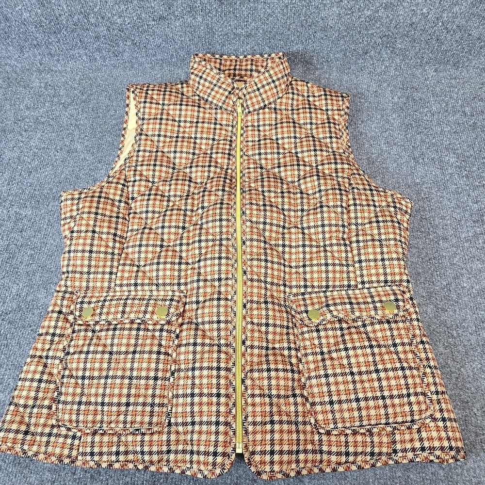 St Johns Bay Vest Womens Large Brown Plaid Quilted Puffer Sleeveless Zip